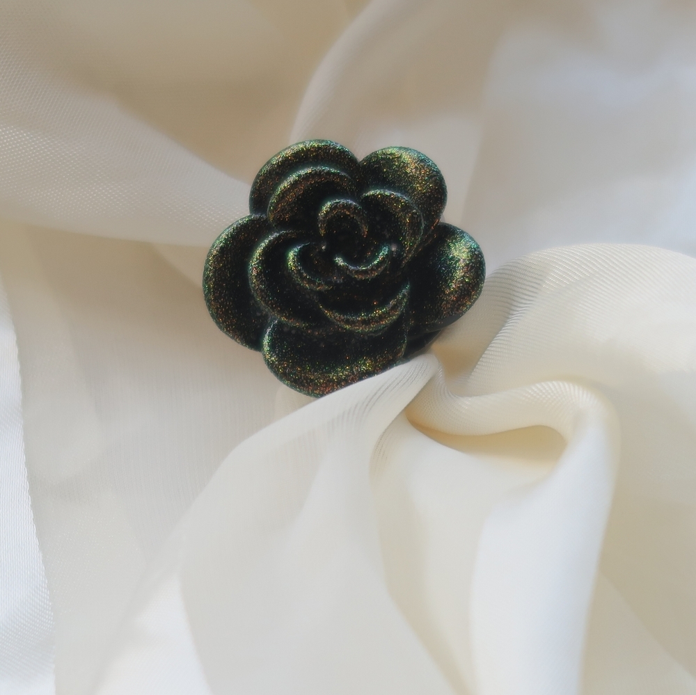 Black Iridescent Glitter Rose Ring
